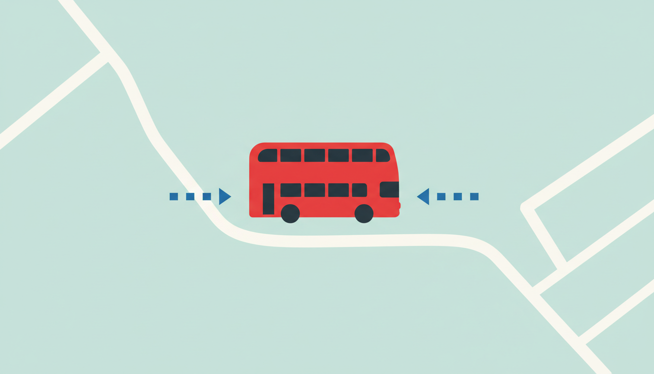 Editorial illustration of a red city bus on a simplified map background with diversion arrows
