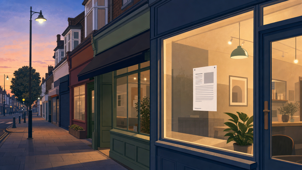 Editorial illustration of a generic Norbury high street shopfront with a public notice on the window