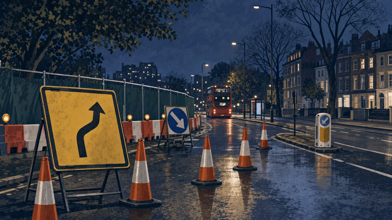 Editorial illustration of night-time roadworks on a generic South London road with traffic cones and a diversion sign