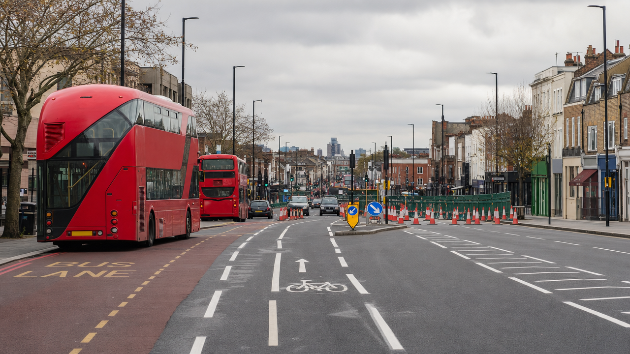 Editorial illustration of a generic South London road with buses, cycle lane markings and roadworks cones
