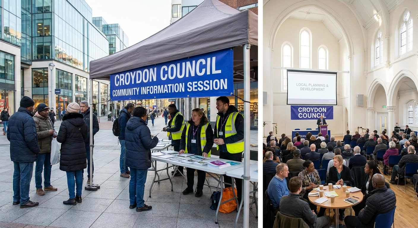An editorial-style depiction of a bright community hall in South London, where local residents gather around informational flyers for a Croydon Council initiative.