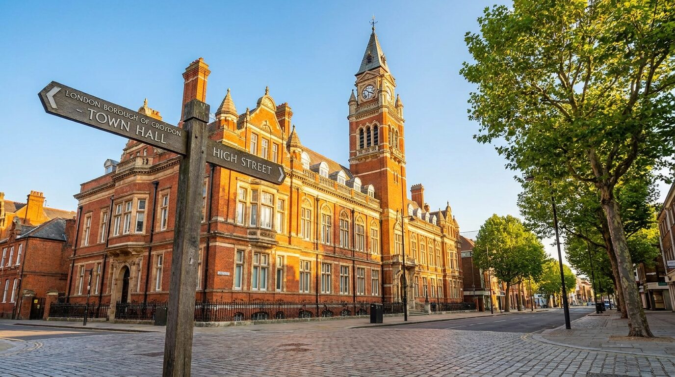 An editorial-style depiction of a generic town hall in South London under a bright morning sky, representing municipal decision-making.