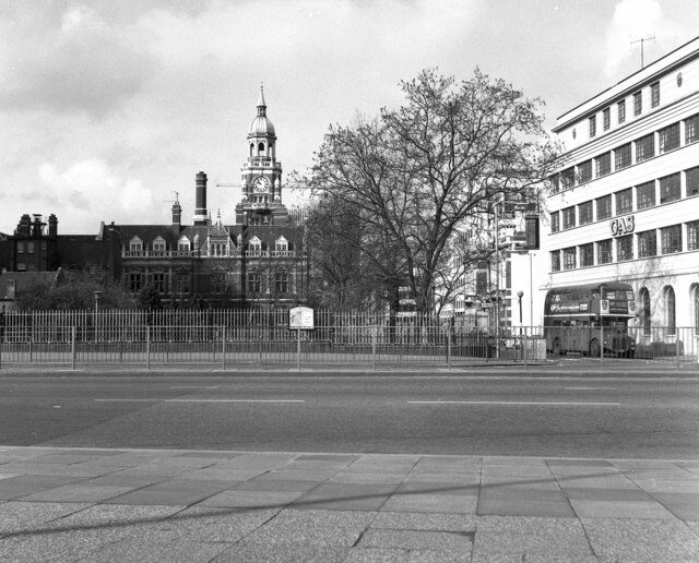 Archival black-and-white view of Croydon Town Hall and Katharine Street