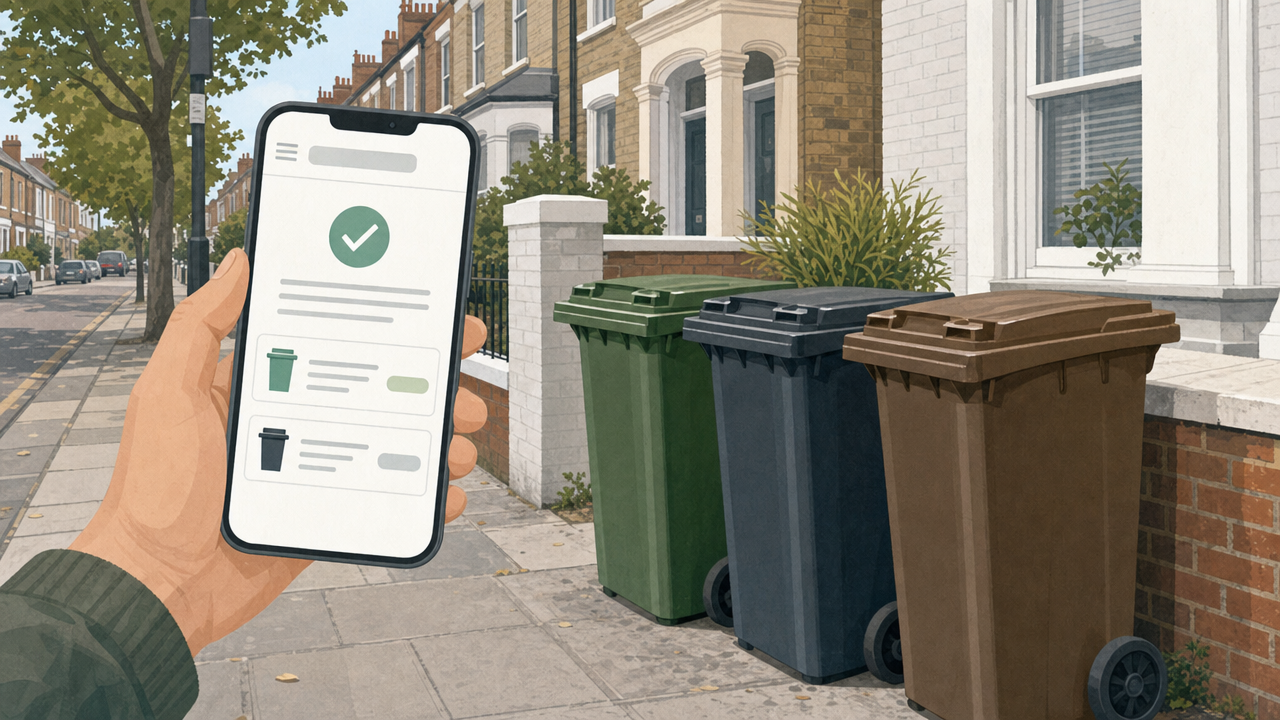 Editorial illustration of wheelie bins beside a South London home and a phone showing a generic online service notice