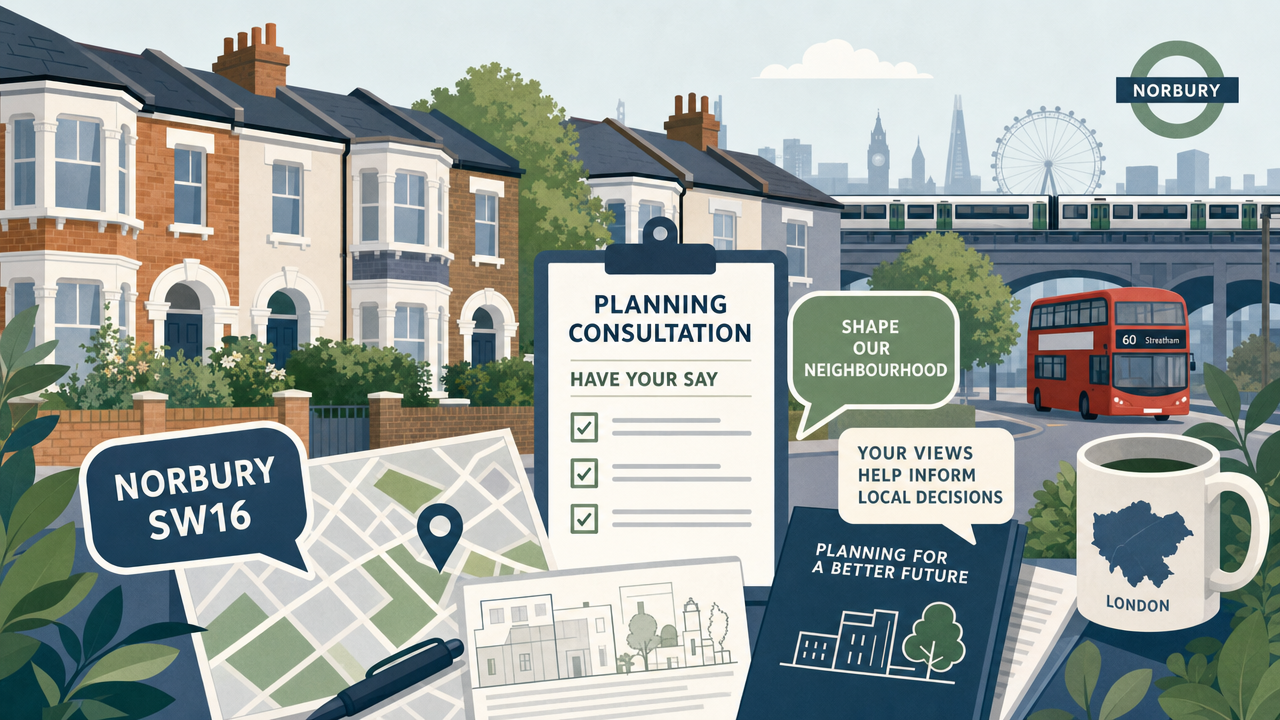 Editorial illustration of a South London street with planning documents, greenery and transport symbols