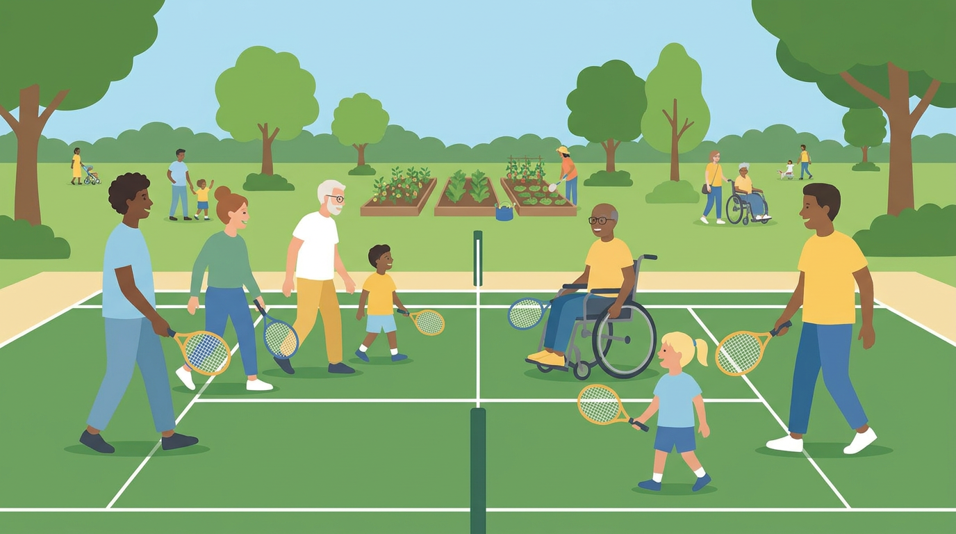 An editorial illustration showing a friendly outdoor walking tennis session at a local green community park under clear skies.