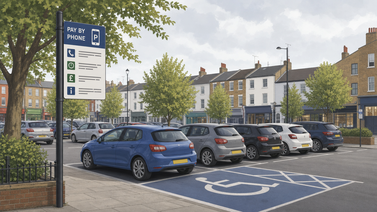 Editorial illustration of a generic South London council car park with parked cars, a pay-by-phone sign and disabled bay markings