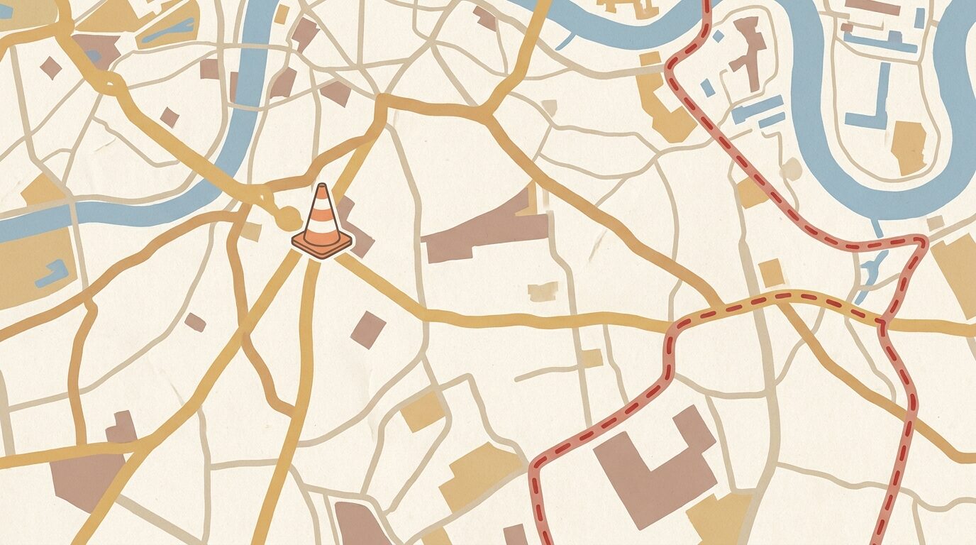 Editorial illustration of a roadworks cone on a simple south London street map