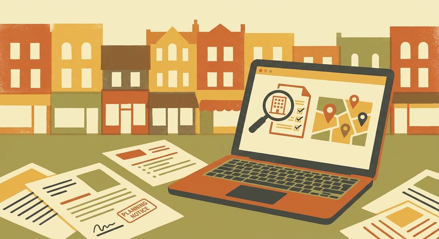 Editorial illustration of a laptop, map pins and planning documents for a Norbury planning applications guide