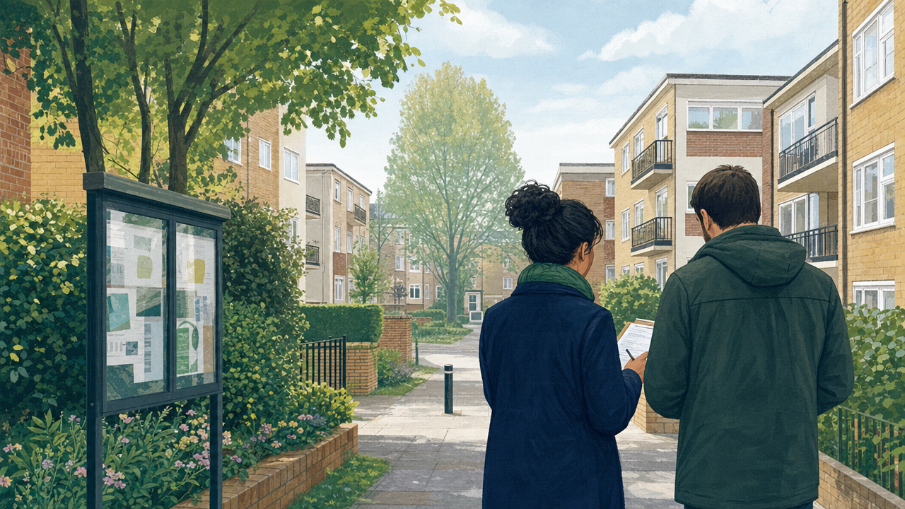 Editorial illustration of a quiet residential estate walkway with two generic community figures looking at a clipboard
