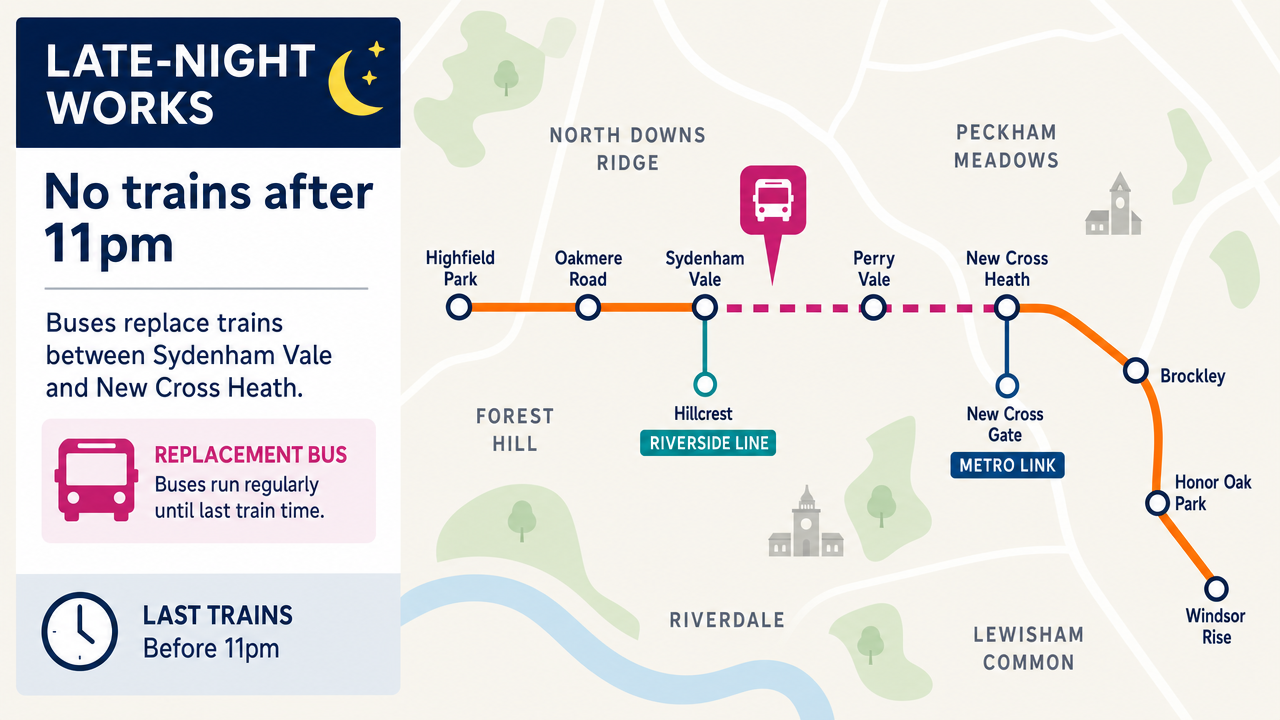 Editorial illustration of a late-night South London rail closure with a train line, station dots, clock and replacement bus icon