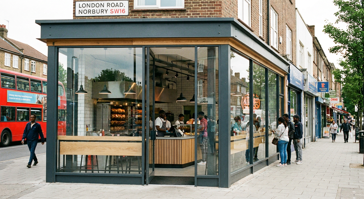 An illustrative street-level view of a modern takeaway shop on a south London high street.