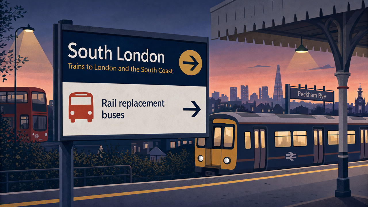 Editorial illustration of an evening railway scene with a train silhouette and rail replacement bus symbol