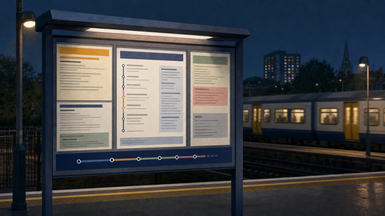 Editorial illustration of a quiet railway platform noticeboard at night with an abstract train silhouette