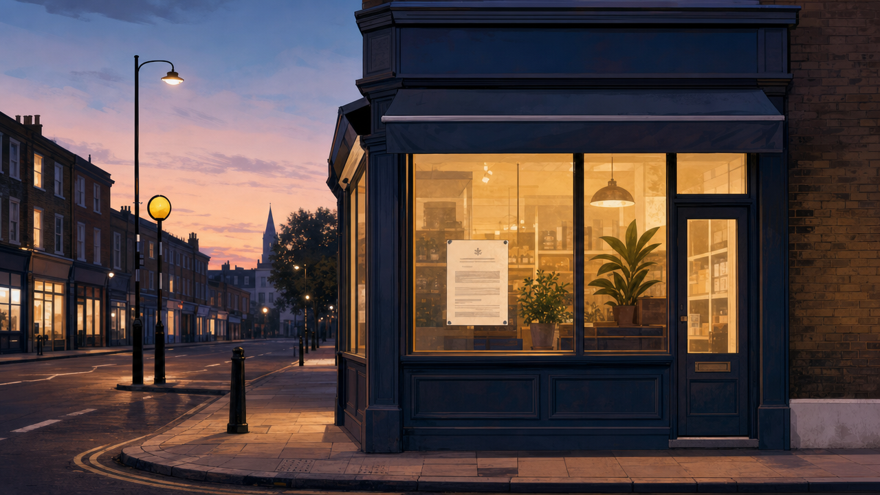 Editorial illustration of a South London shopfront with a public notice in the window