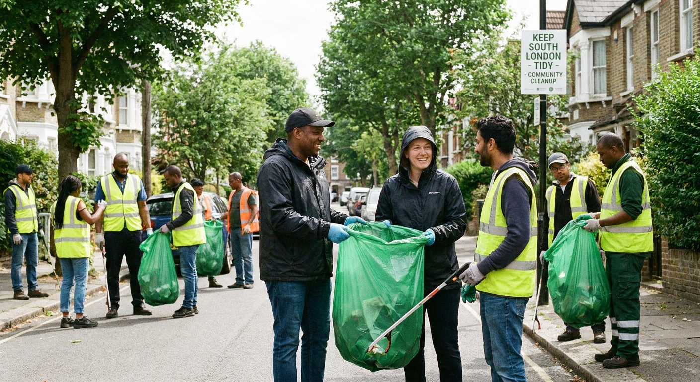 Community volunteers carrying out a local street litter-picking operation with rubbish bags on a sunny day.