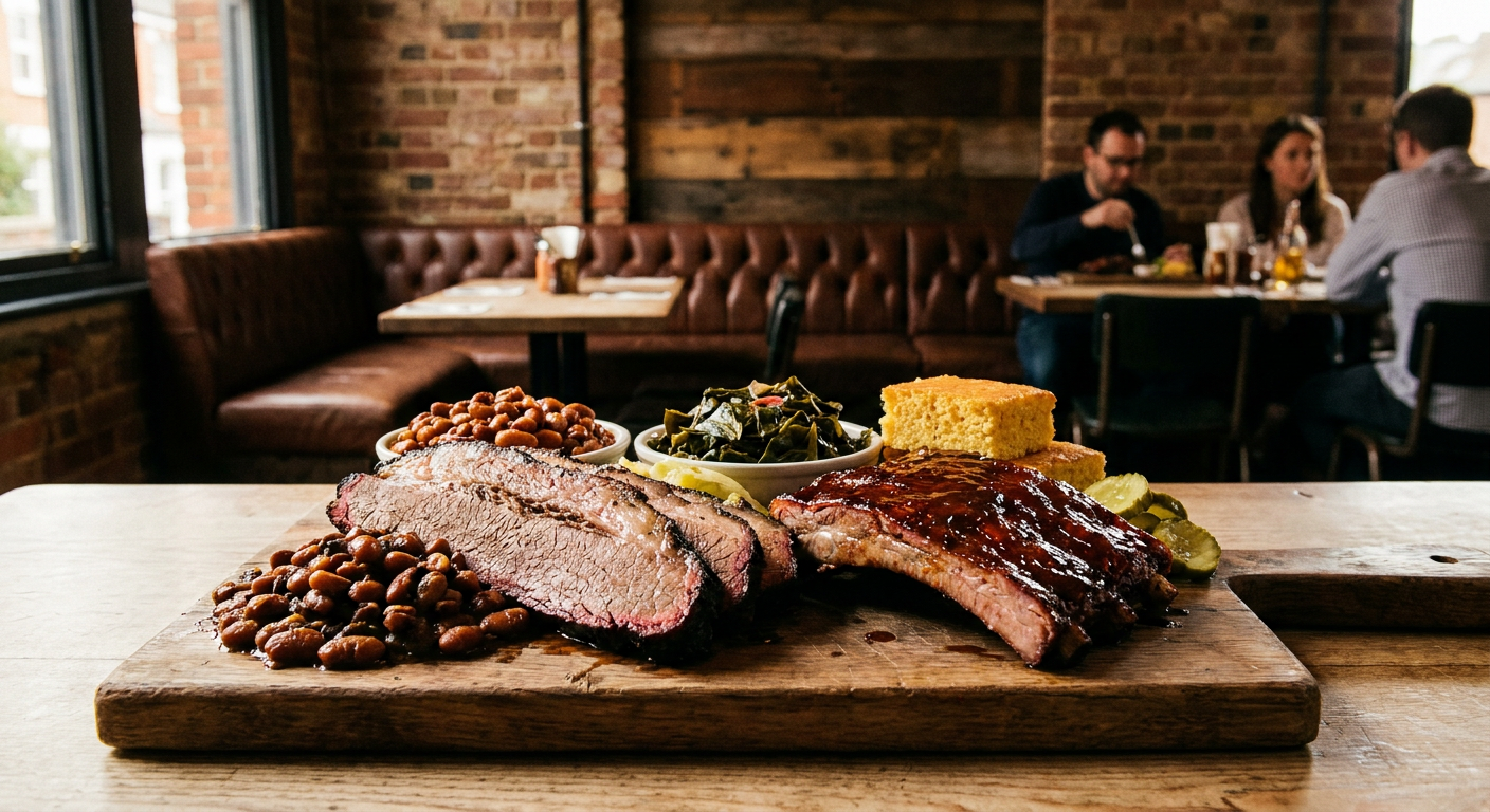 A gourmet platter of slow-cooked oak-smoked beef brisket and glazed ribs on a wooden board inside a modern South London restaurant