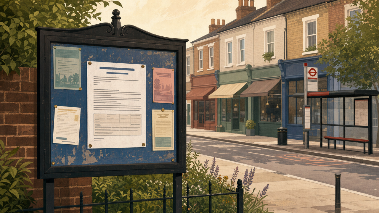 Editorial illustration of a high street licensing noticeboard with shopfronts in the background