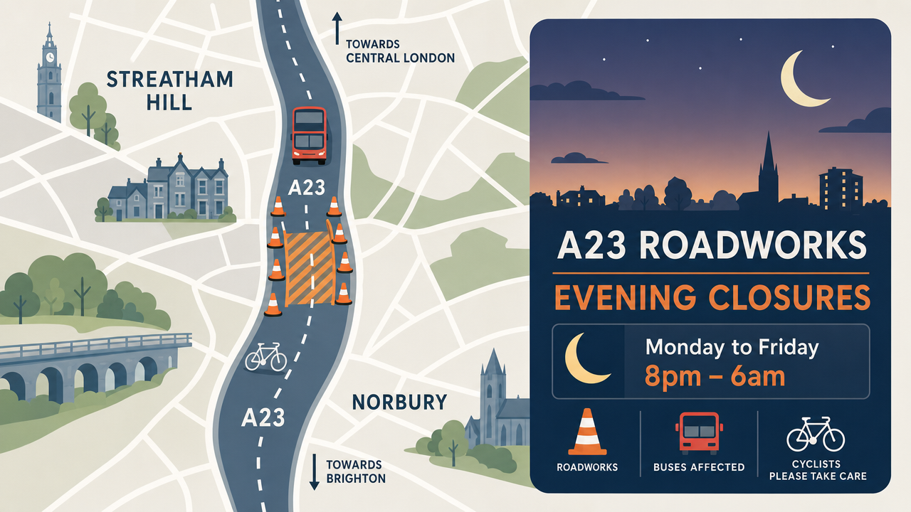 Editorial illustration of the A23 road corridor with roadworks cones, a bus and a bicycle icon