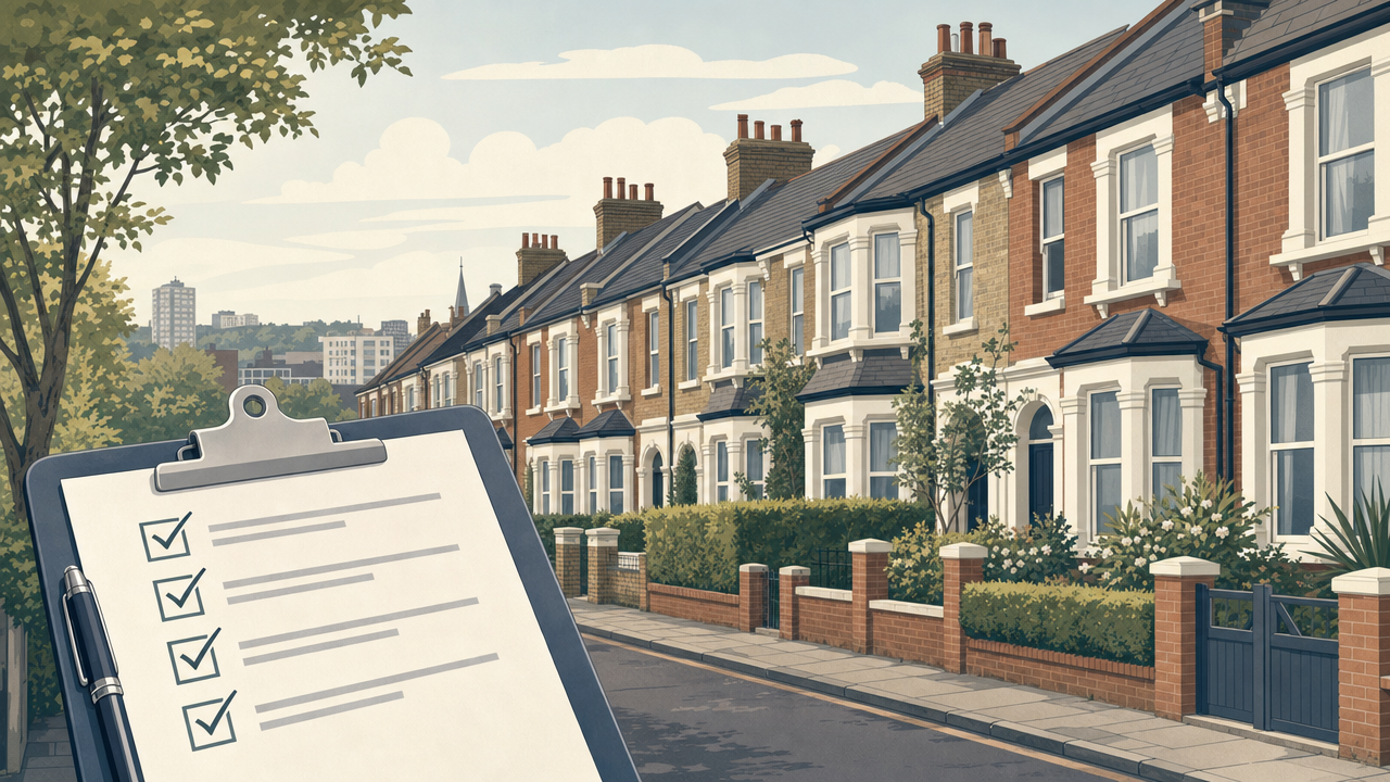 Editorial illustration of generic terraced houses and a rental licensing checklist, not a photograph
