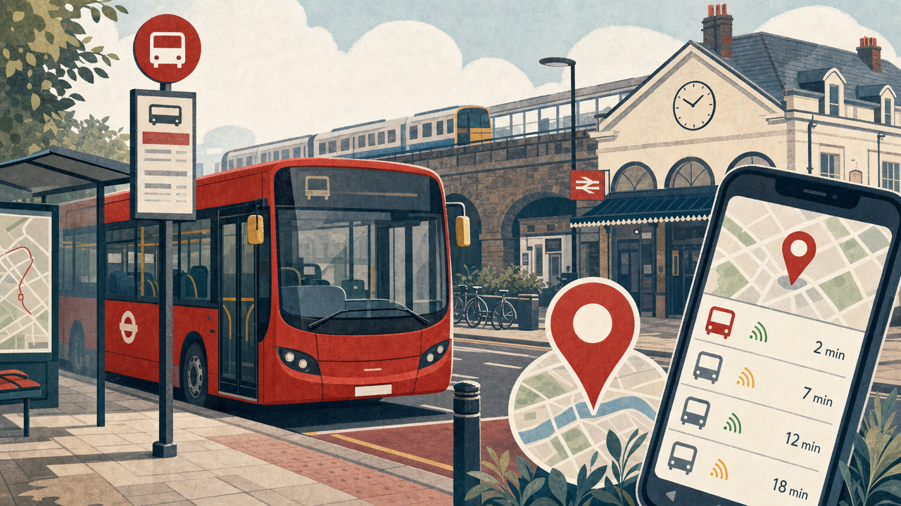 Editorial illustration of a red London bus near a station with live arrivals shown on a phone