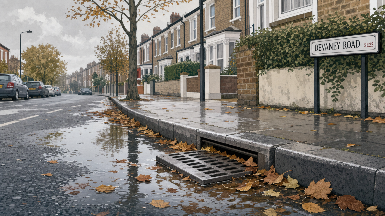 Editorial illustration of a wet South London residential street with puddles and a kerbside road drain after rain