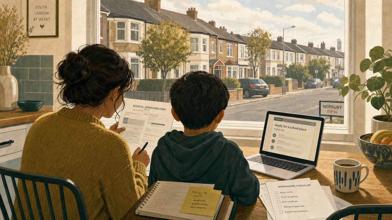 Editorial illustration of a parent and child at a table looking at school admissions forms on a laptop