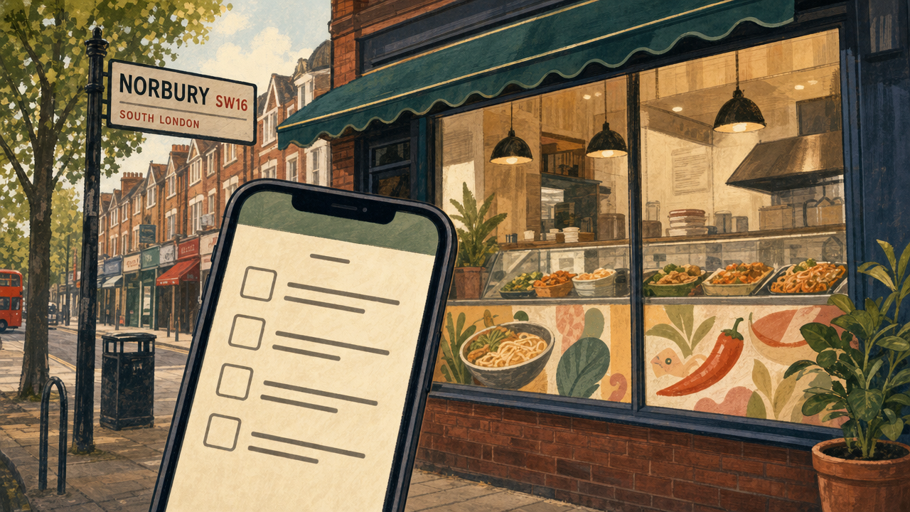 Editorial illustration of a generic Norbury high street food shop and a smartphone checklist