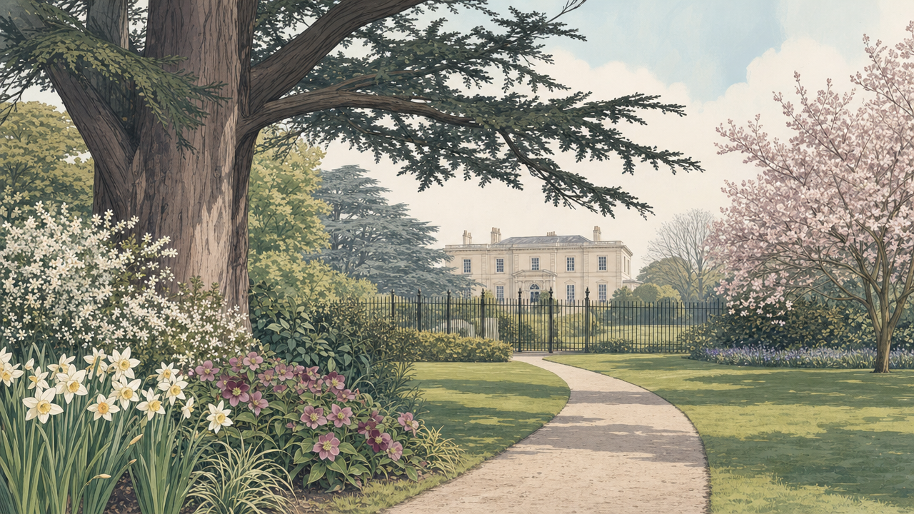 Editorial illustration of a quiet Norbury green space with mature trees, a path and a distant Georgian mansion outline