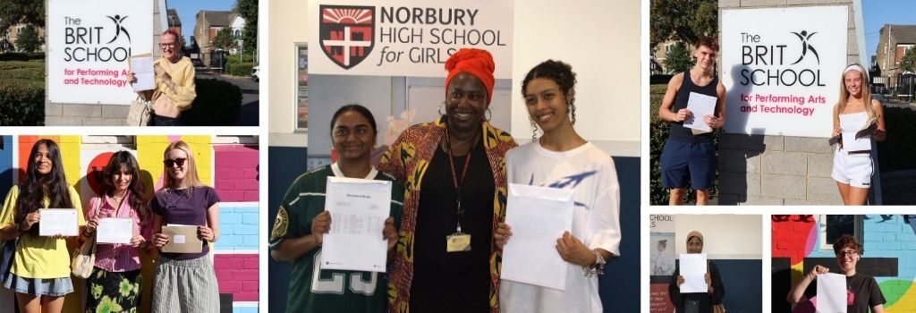 A montage of students and teachers celebrating exam results at The BRIT School and Norbury High School for Girls