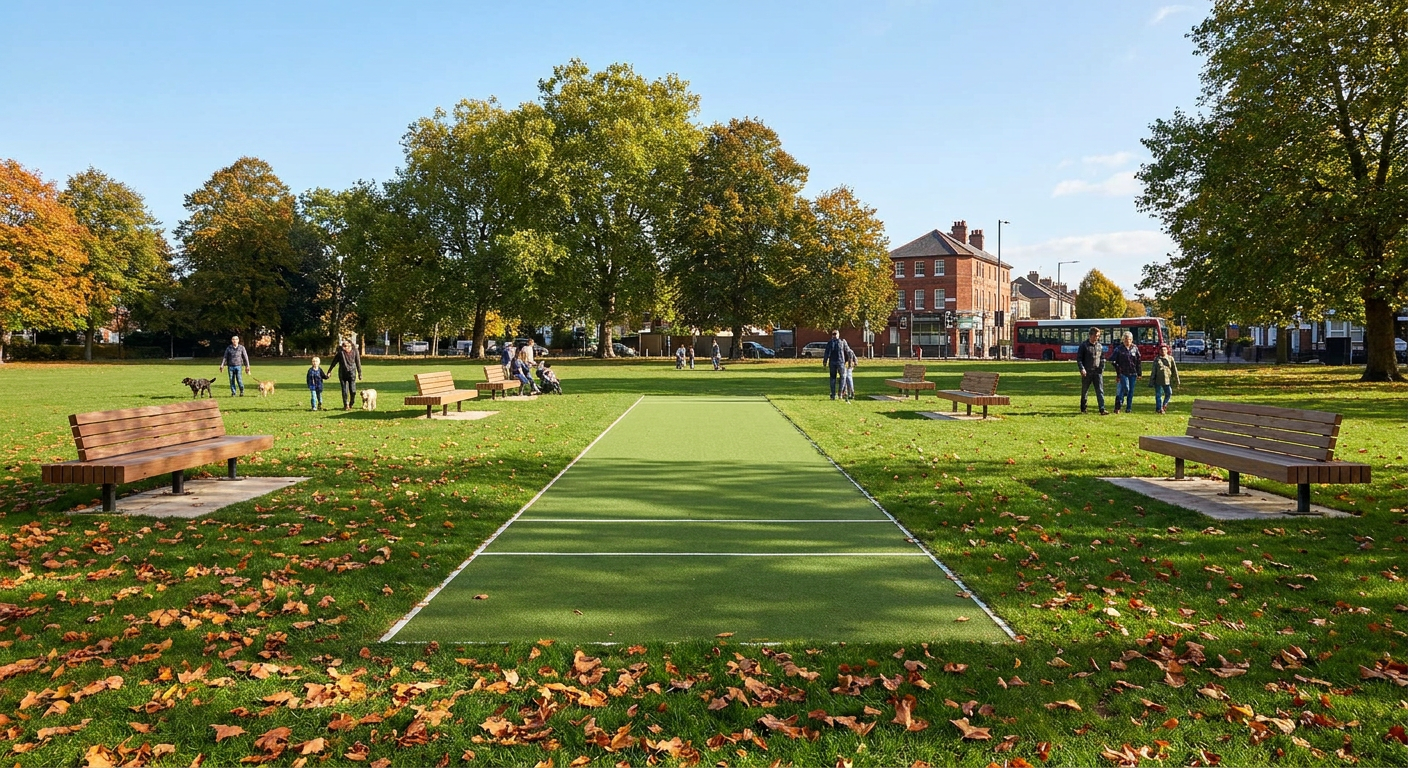 A sunny day at a green community park in South London, with a newly restored pristine cricket pitch in the center.