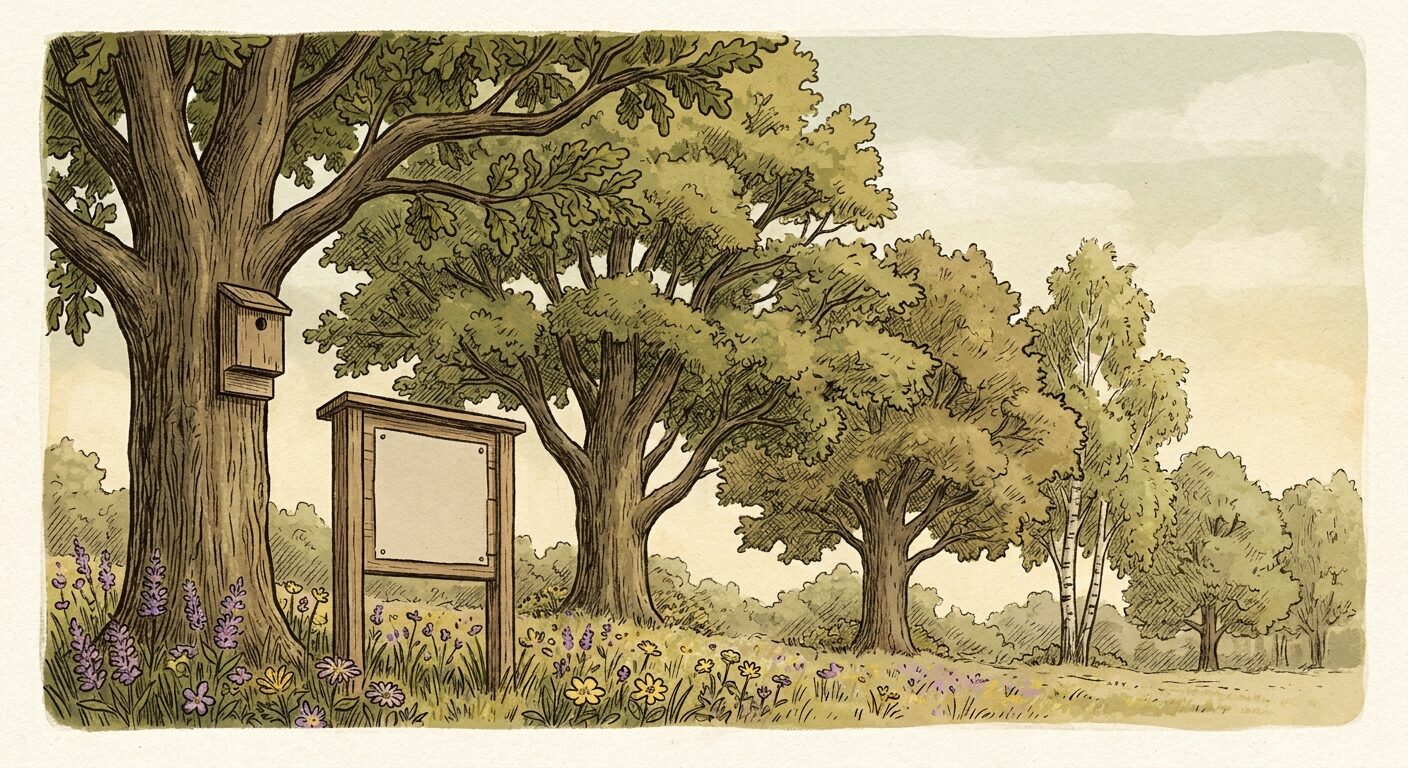 Editorial illustration of a quiet park woodland edge with wildflowers and a bat box representing Norbury Park greenspace improvements