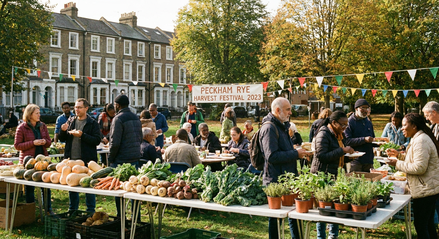 A community harvest festival with tables of fresh autumn vegetables and plants