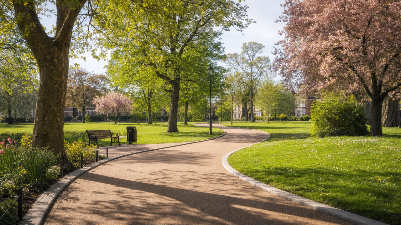 Editorial illustration of a surfaced path curving through a quiet green public park with mature trees