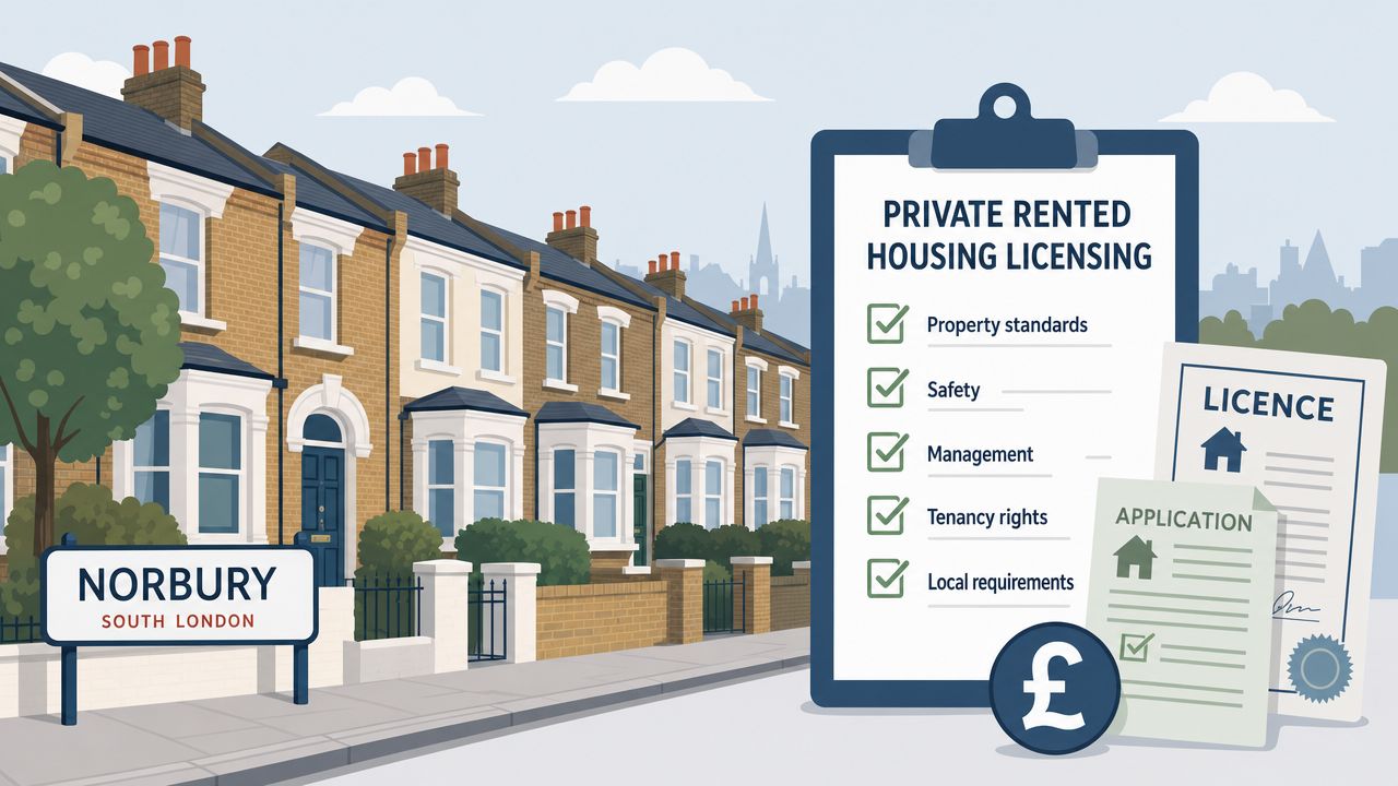 Editorial illustration of terraced houses with a rental licensing checklist and pound symbol, not a photograph