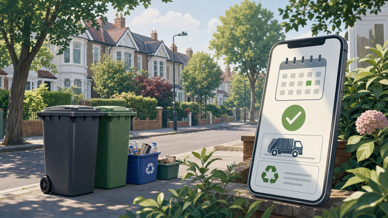 Editorial illustration of wheelie bins and recycling boxes on a quiet South London street with a smartphone showing abstract calendar icons