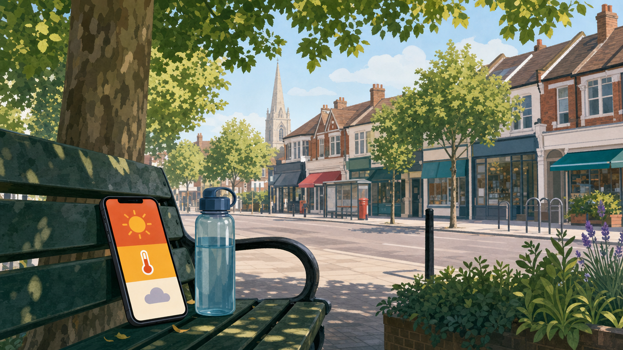 Editorial illustration of a shaded bench with a water bottle and a phone showing abstract heat-alert icons