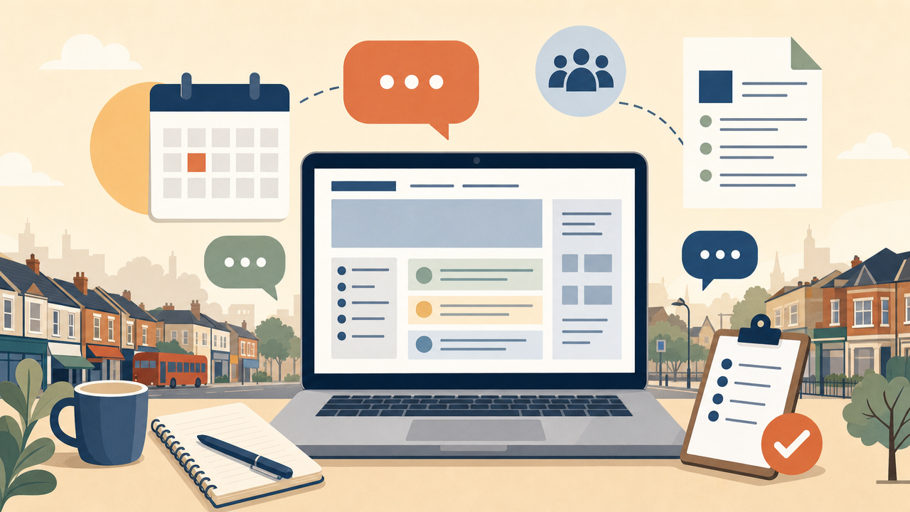 Editorial illustration of a laptop showing an abstract council agenda with calendar icons and speech bubbles