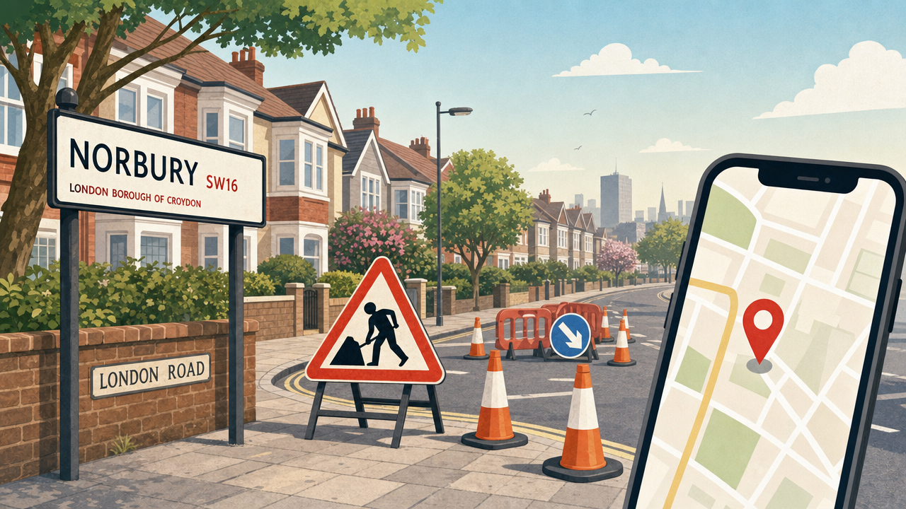 Editorial illustration of a Norbury-style residential street with roadwork cones, a roadworks sign and a phone map pin