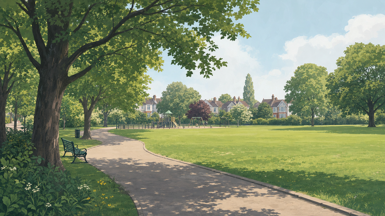 Editorial illustration of a quiet Norbury-style park with trees, a path, open grass and a small playground silhouette