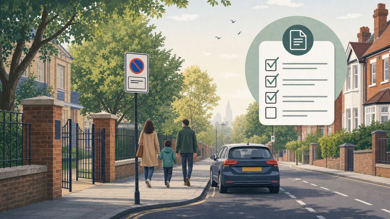 Editorial illustration of a generic school street entrance with a family walking, a parked car and a permit checklist graphic