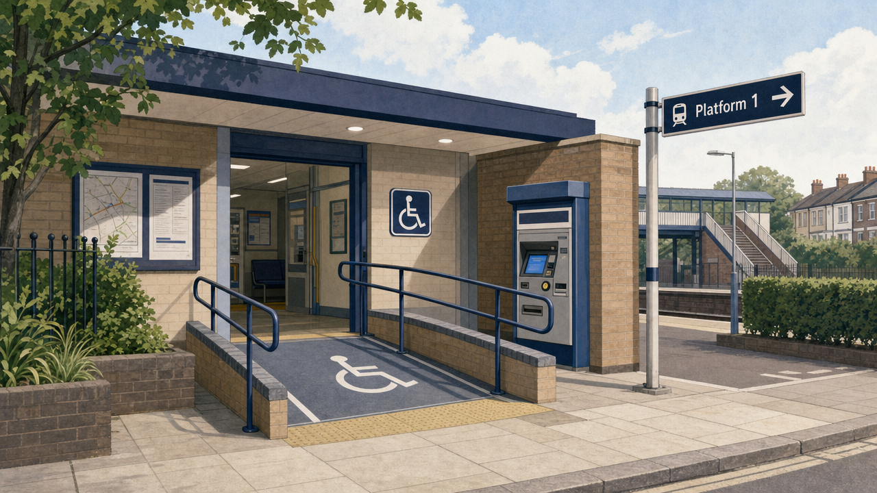 Editorial illustration of an accessible railway station entrance with a ramp symbol and ticket machine