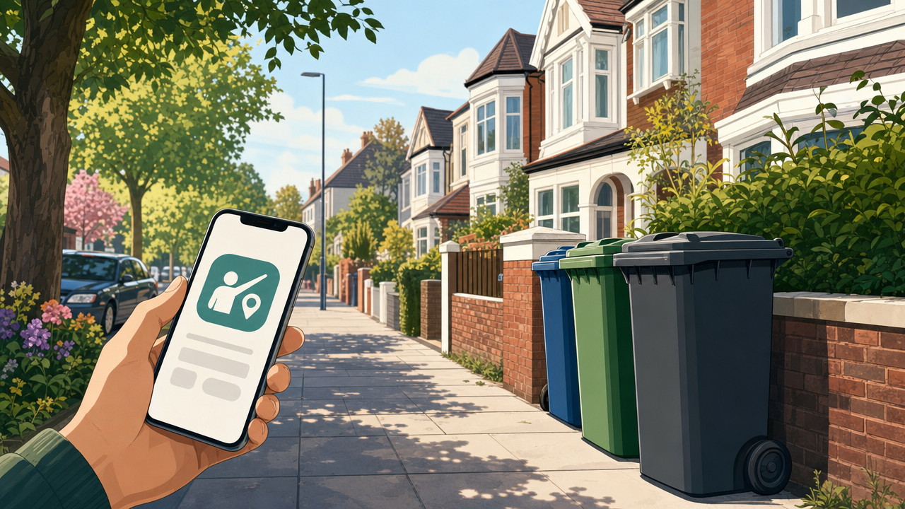 Editorial illustration of a tidy South London pavement with wheelie bins and a phone representing street issue reporting
