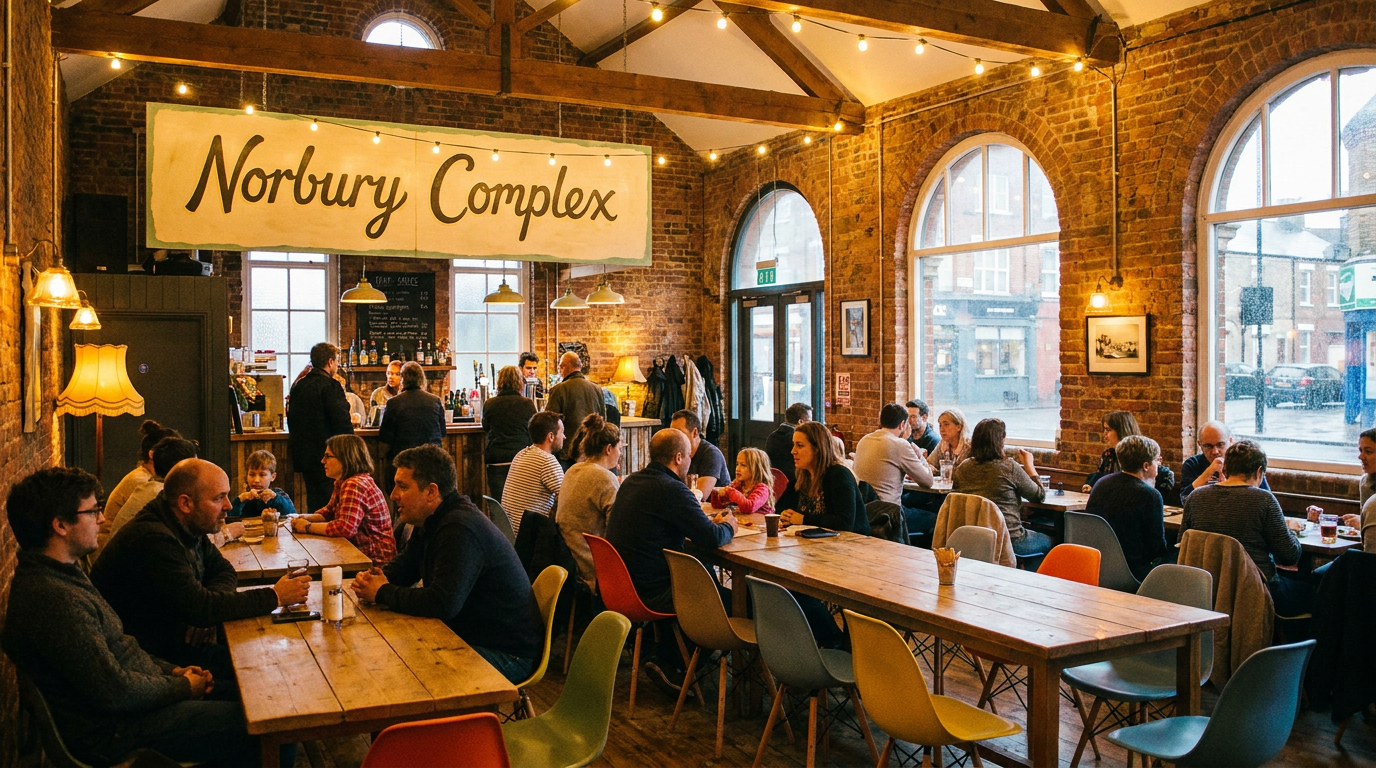 AI-generated editorial depiction of the warm, modern interior of a refurbished community events hall in the historic Norbury Complex on London Road.