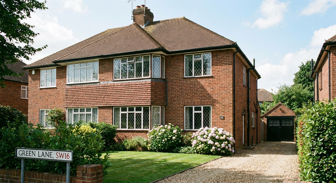 An editorial architectural photo of a traditional suburban brick house on Green Lane in Norbury, SW16.