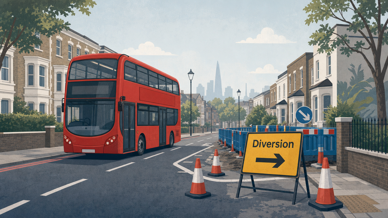 Editorial illustration of a London bus passing a road diversion sign and water works cones