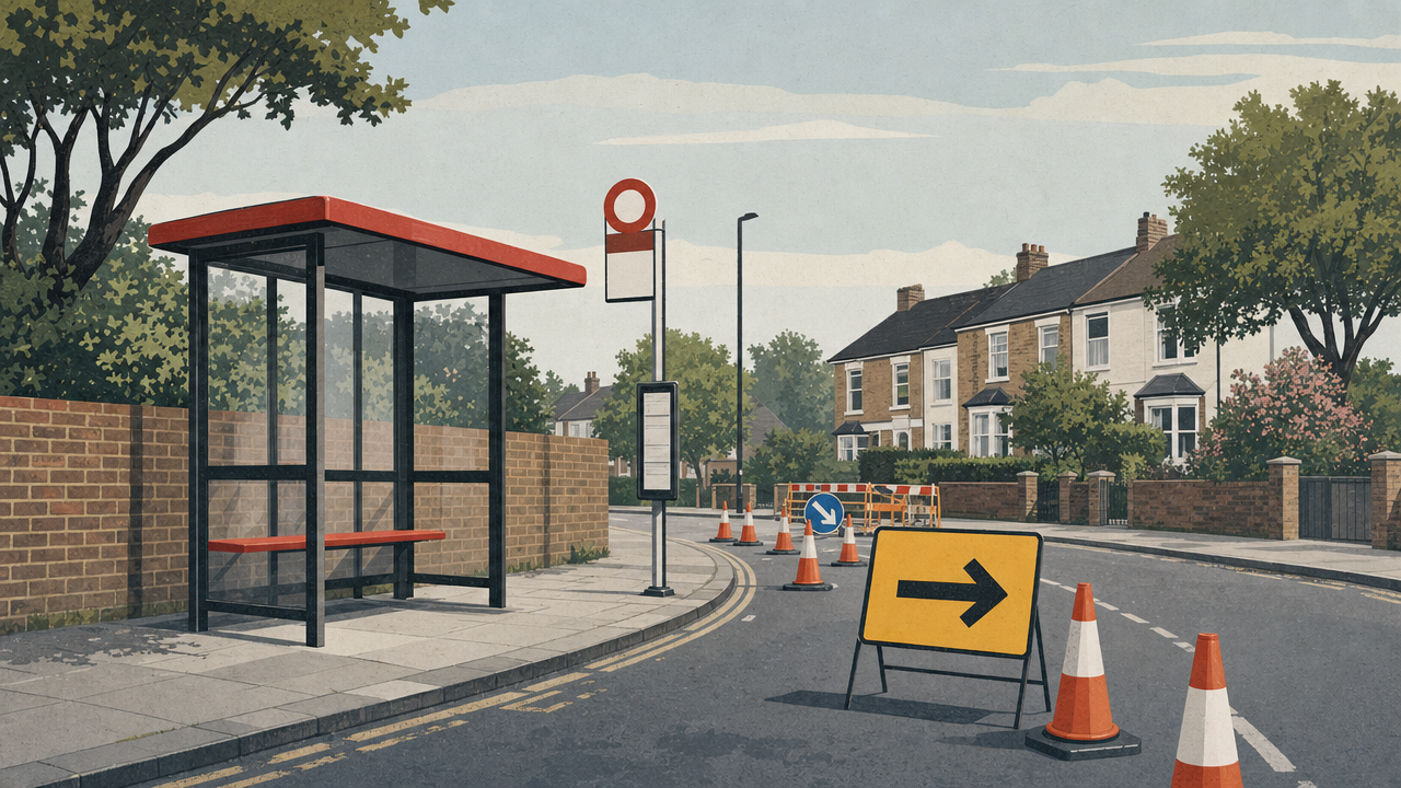 Editorial illustration of a London bus stop with roadworks cones and a diversion sign on a quiet South London street