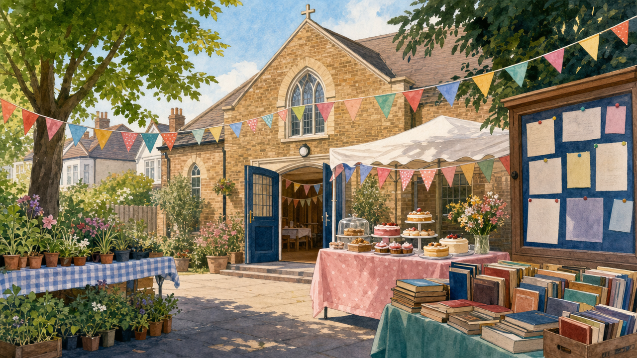 Editorial illustration of a summer fair stall with bunting, cakes, plants and books outside a generic community building