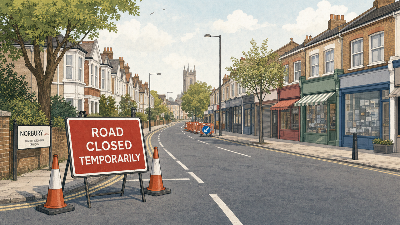 Editorial illustration of a quiet London street with roadworks cones and a road closure sign