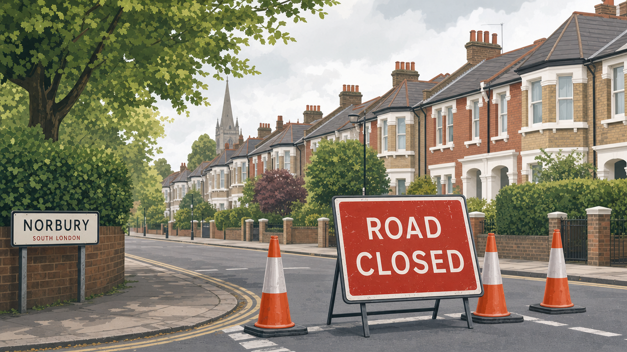Editorial illustration of a quiet South London residential street with a road closed sign and traffic cones